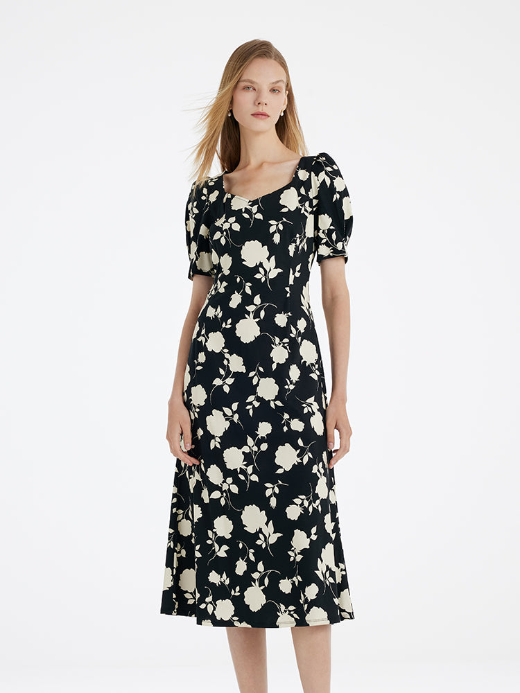 Rose Printed Square Neck Women Midi Dress GOELIA