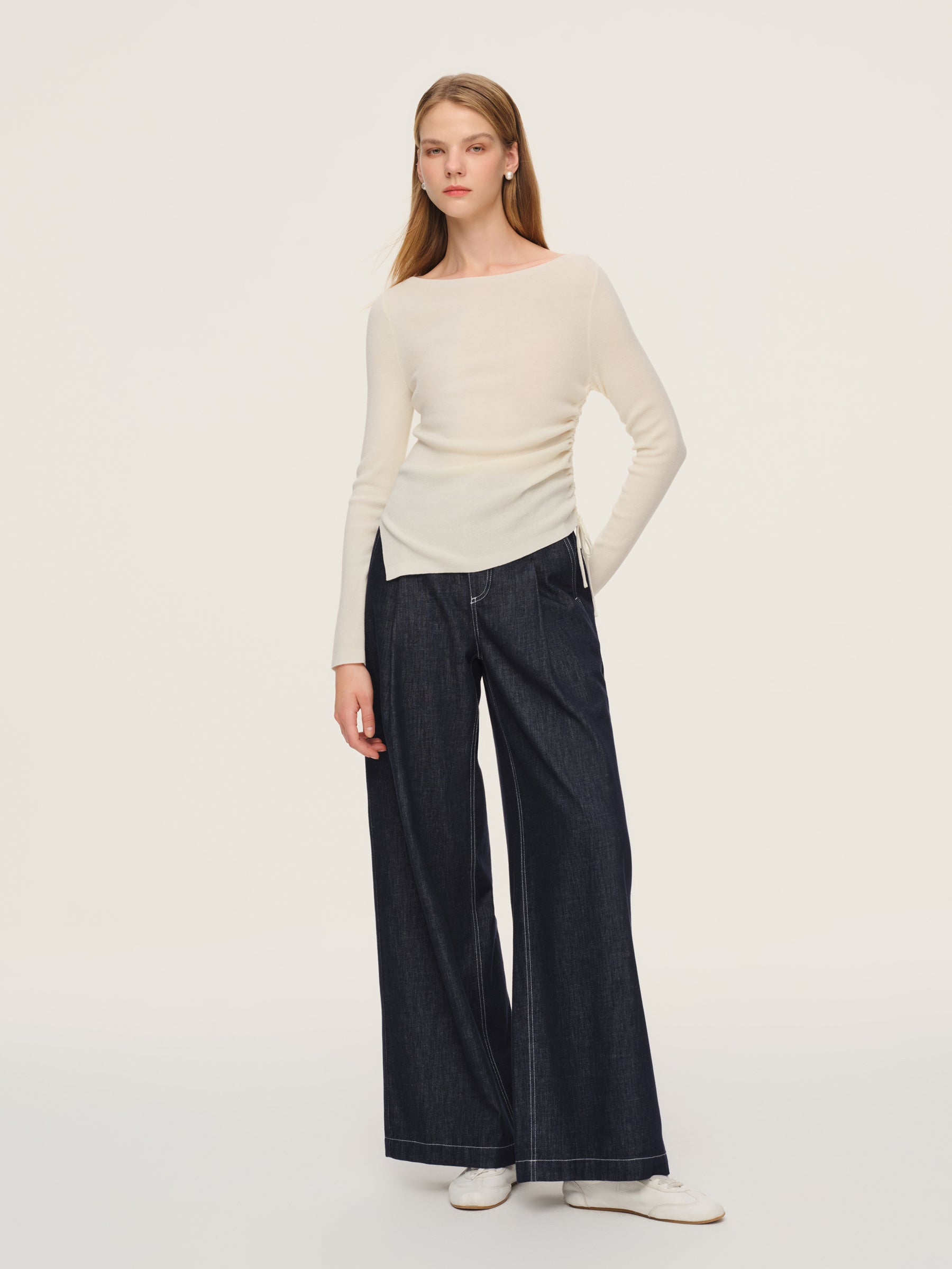 Wool Acetate Blend Boat Neck Side Drawstring Women Knit Top GOELIA