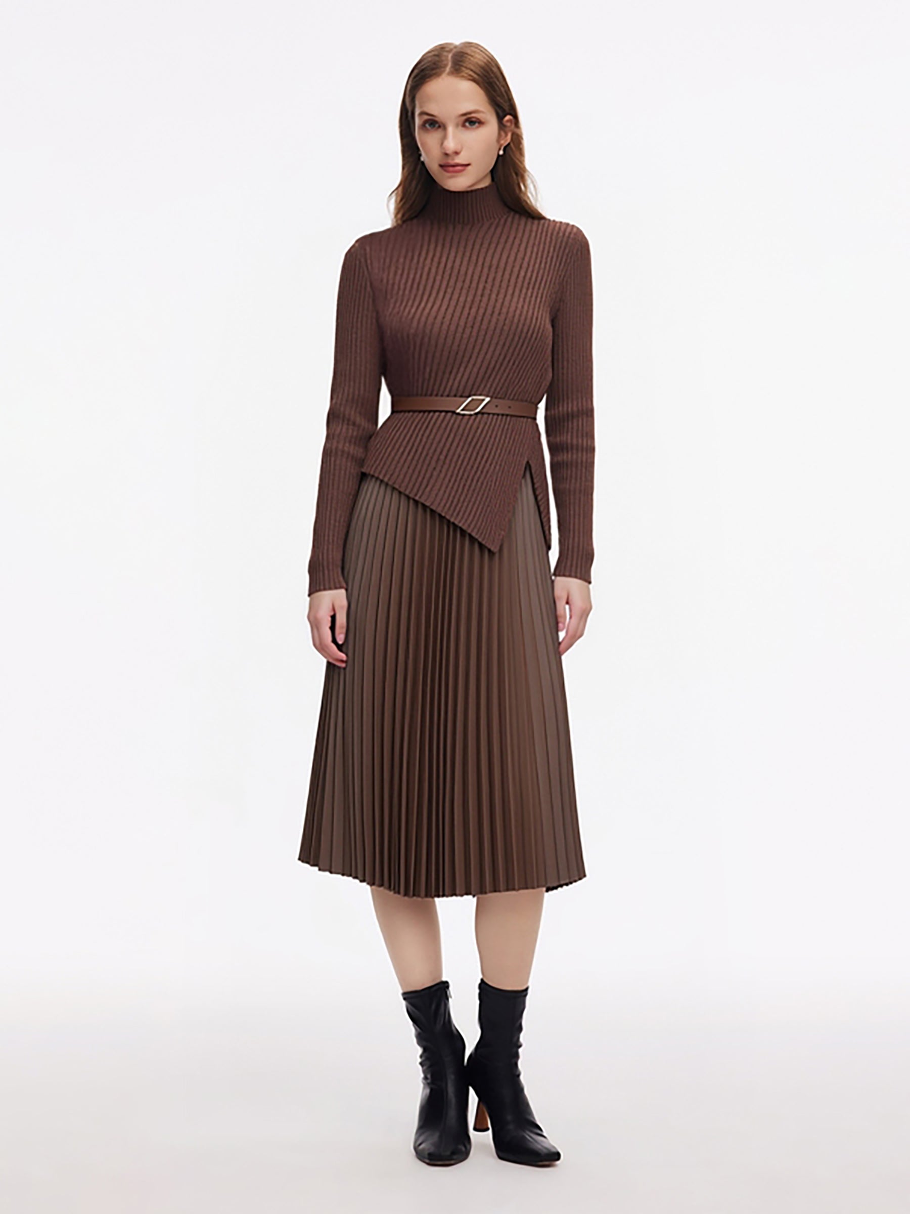 100% Wool Knit Top And PU Leather Skirt Two-Piece Set With Belt GOELIA