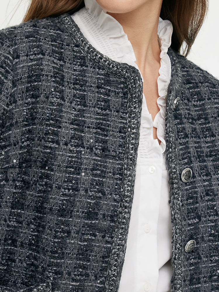 100% Wool Contrast Trim Women Crop Jacket