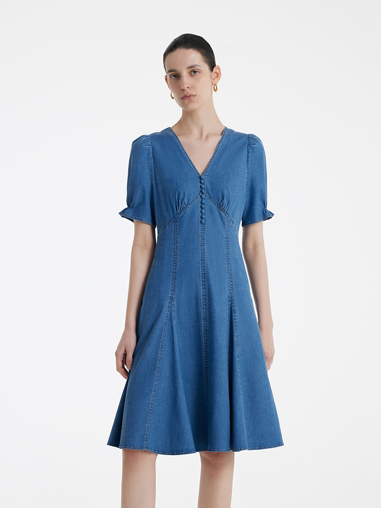 Denim V-Neck Gathered Waist Women Midi Dress – GOELIA