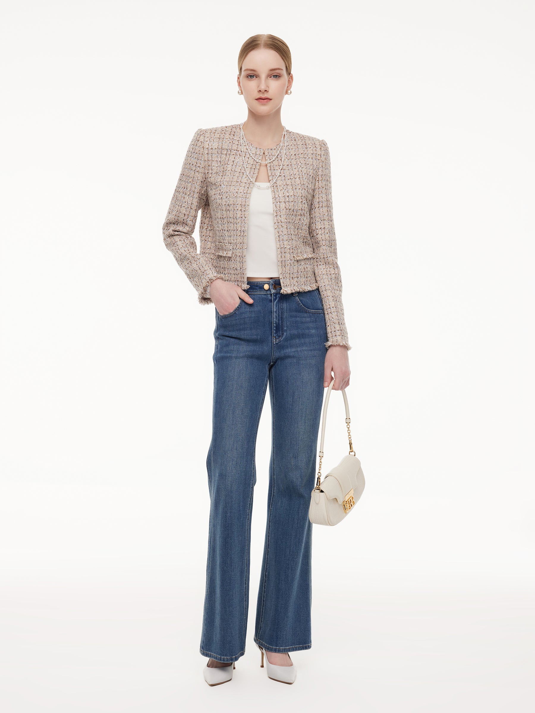 Wool Blend Textured Tweed Frayed Hem Women Jacket GOELIA