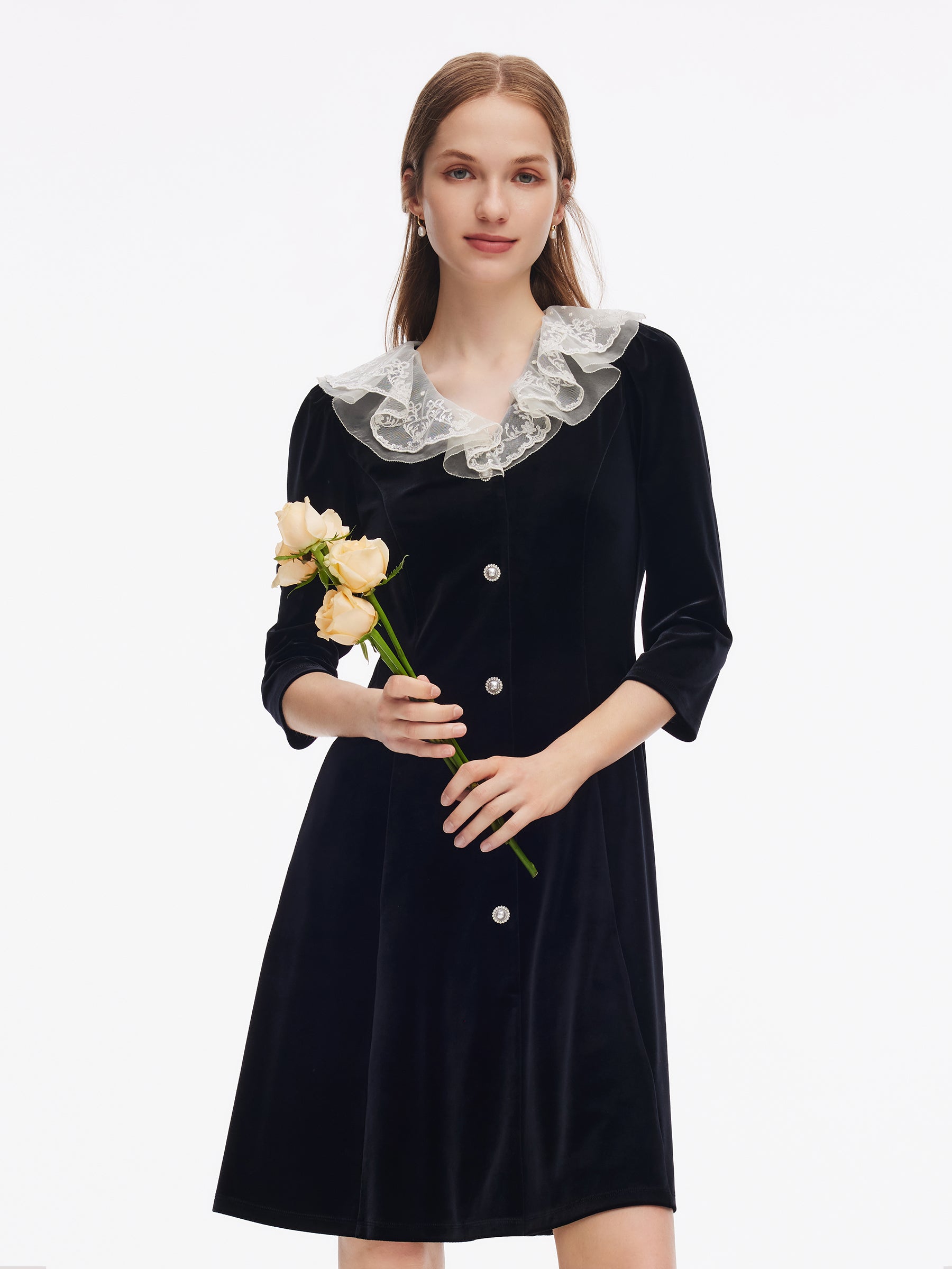 Velvet Patchwork Embroidered Collar Women Mini Dress GOELIA