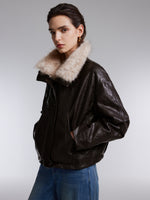 [Preview] PU Leather Goose Down Jacket With Detachable Faux Fur Collar GOELIA