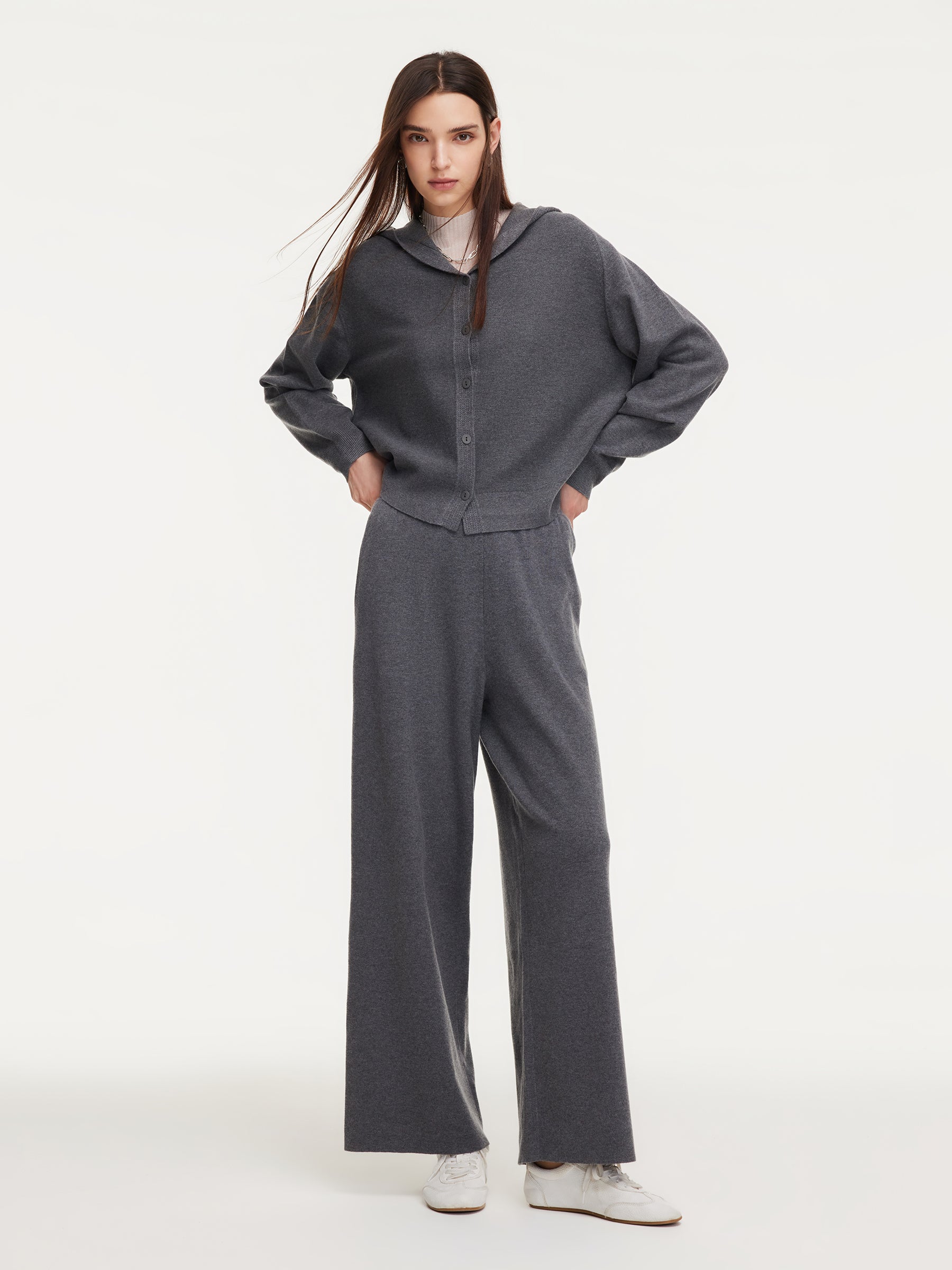 Hooded Zip-Up Cardigan And Knit Pants Two-Piece Set GOELIA