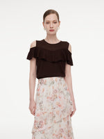 [Preview] Tencel Blend Ruffle Cold Shoulder Women Knit Top GOELIA