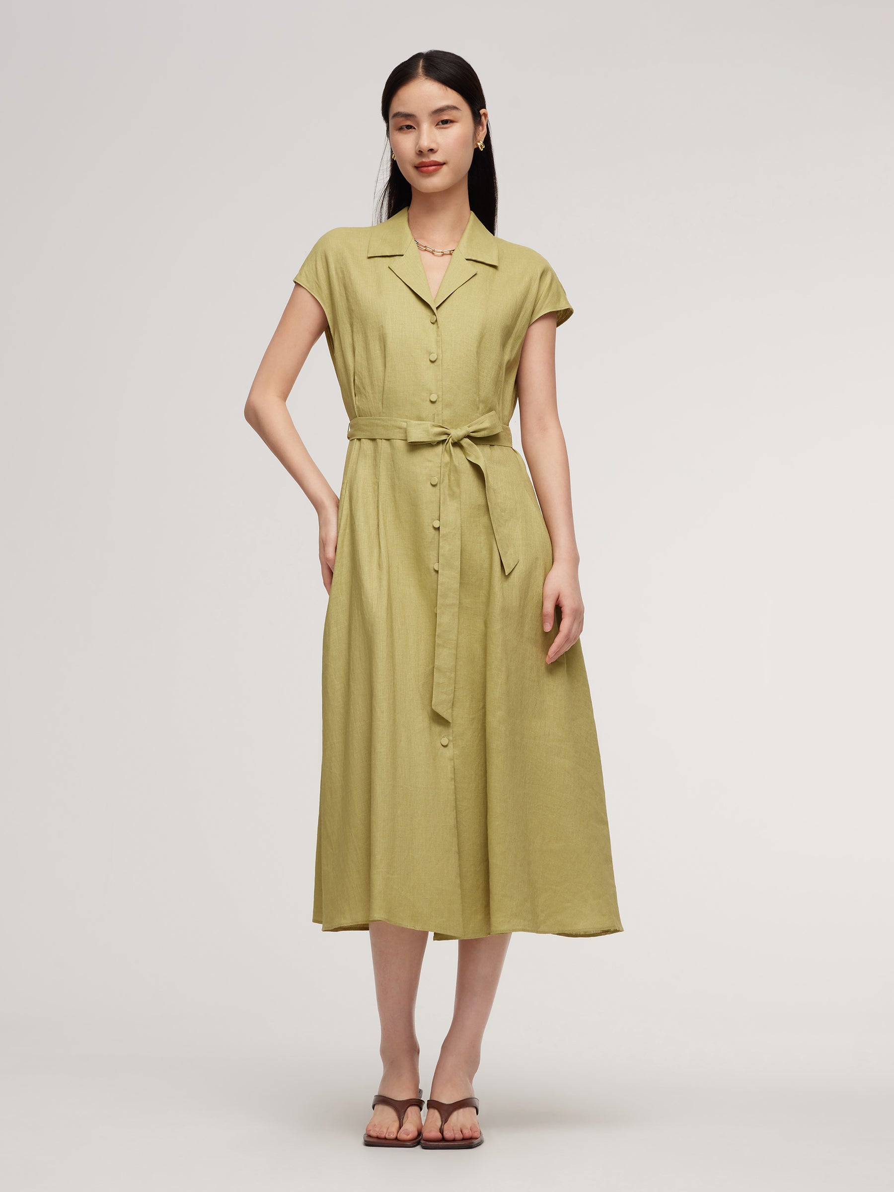 100% Linen Gathered Waist Women Self-Tie Belt Maxi Dress GOELIA