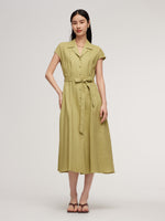 100% Linen Gathered Waist Women Self-Tie Belt Maxi Dress GOELIA