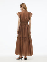 Tencel Blend Women Ruffle Cap Sleeve Maxi Dress With Sash GOELIA