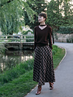 [Preview] V-Neck Knit Top And Plaid Skirt Two-Piece Set With Ribbon GOELIA