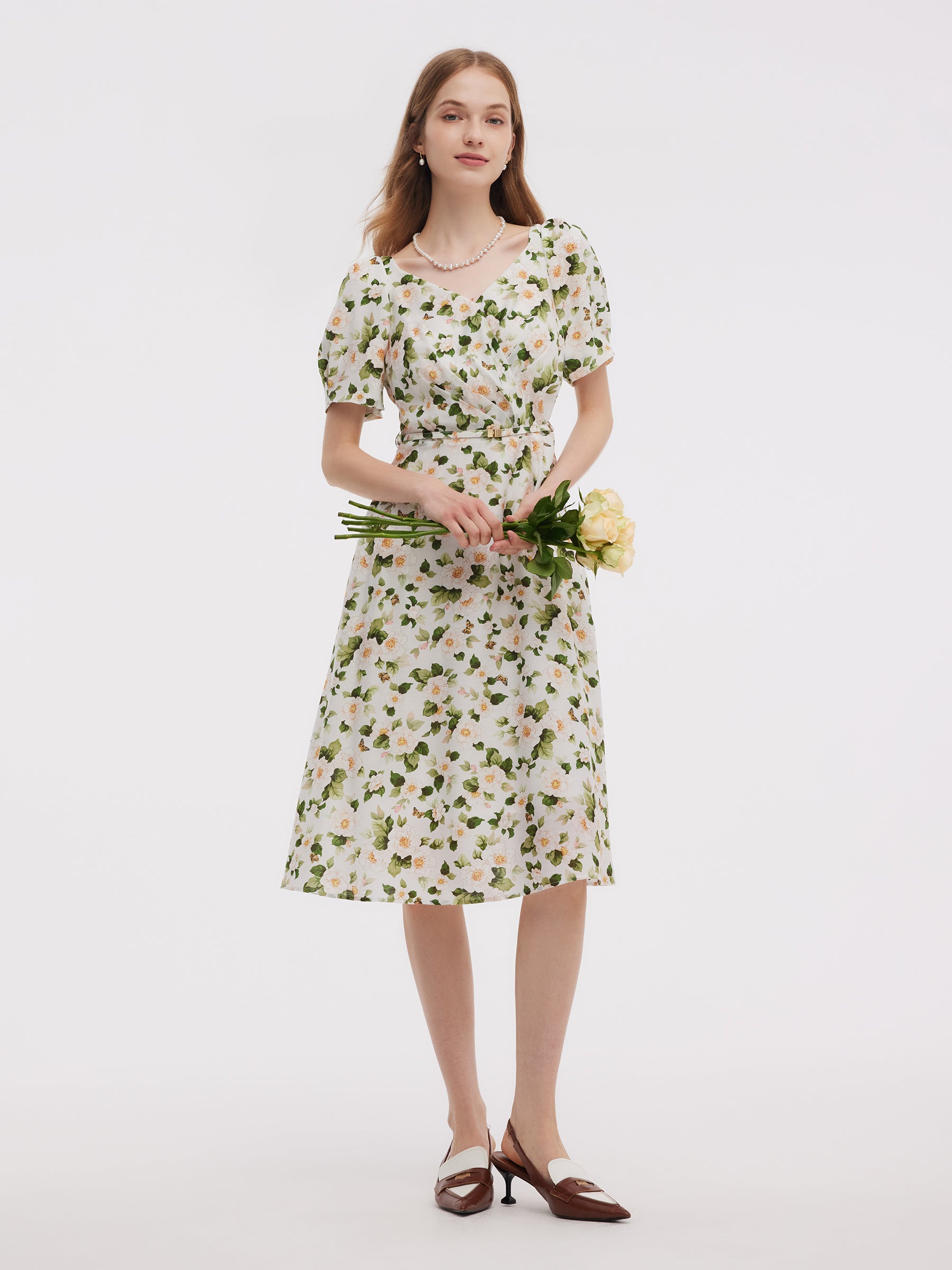 Acetate Blend Floral Print Women V-Neck Midi Dress With Belt GOELIA