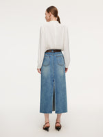 Lyocell Cotton Blend Denim Frayed Hem Women Skirt With Belt GOELIA