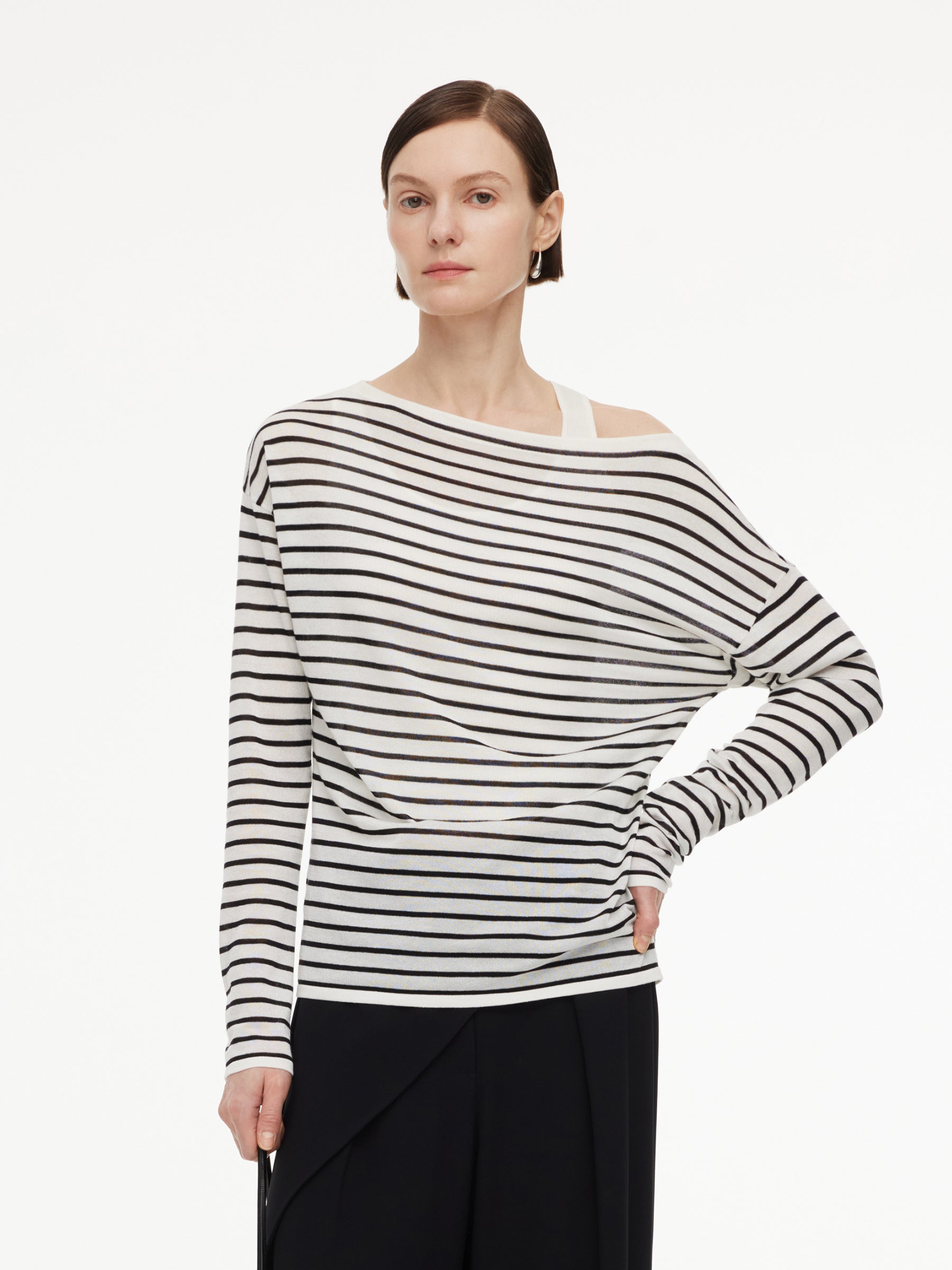 Triacetate Tencel Blend Stripe Boat Neck Top And Tank Top Two-Piece Set GOELIA