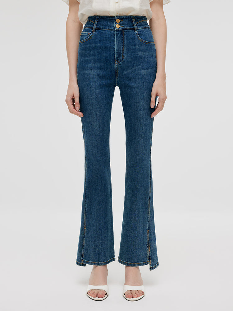 Denim Rhinestone Slit Women Flared Jeans GOELIA