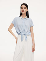 22MM Mulberry Silk Contrast Collar Tie Front Women Shirt GOELIA