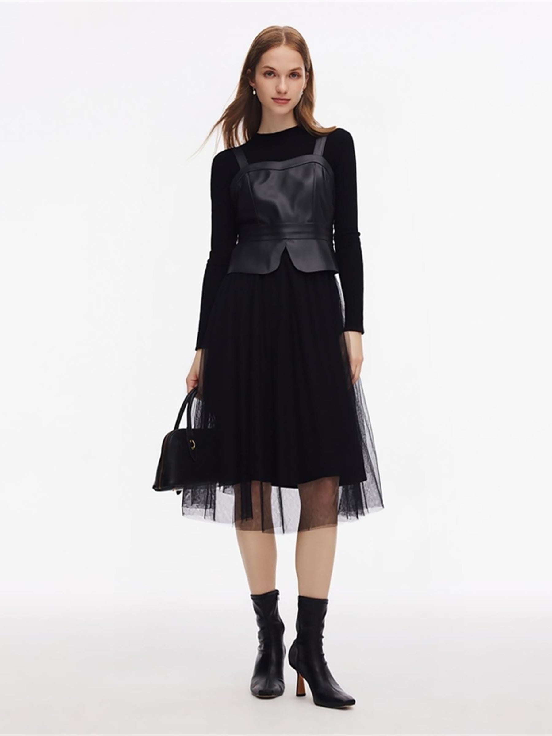 [Preview] PU Leather Bustier Top And Knit Top And Mesh Skirt Three-Piece Set GOELIA