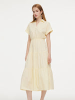 100% Cotton V-Neck Back Tie Women Maxi Shirt Dress GOELIA