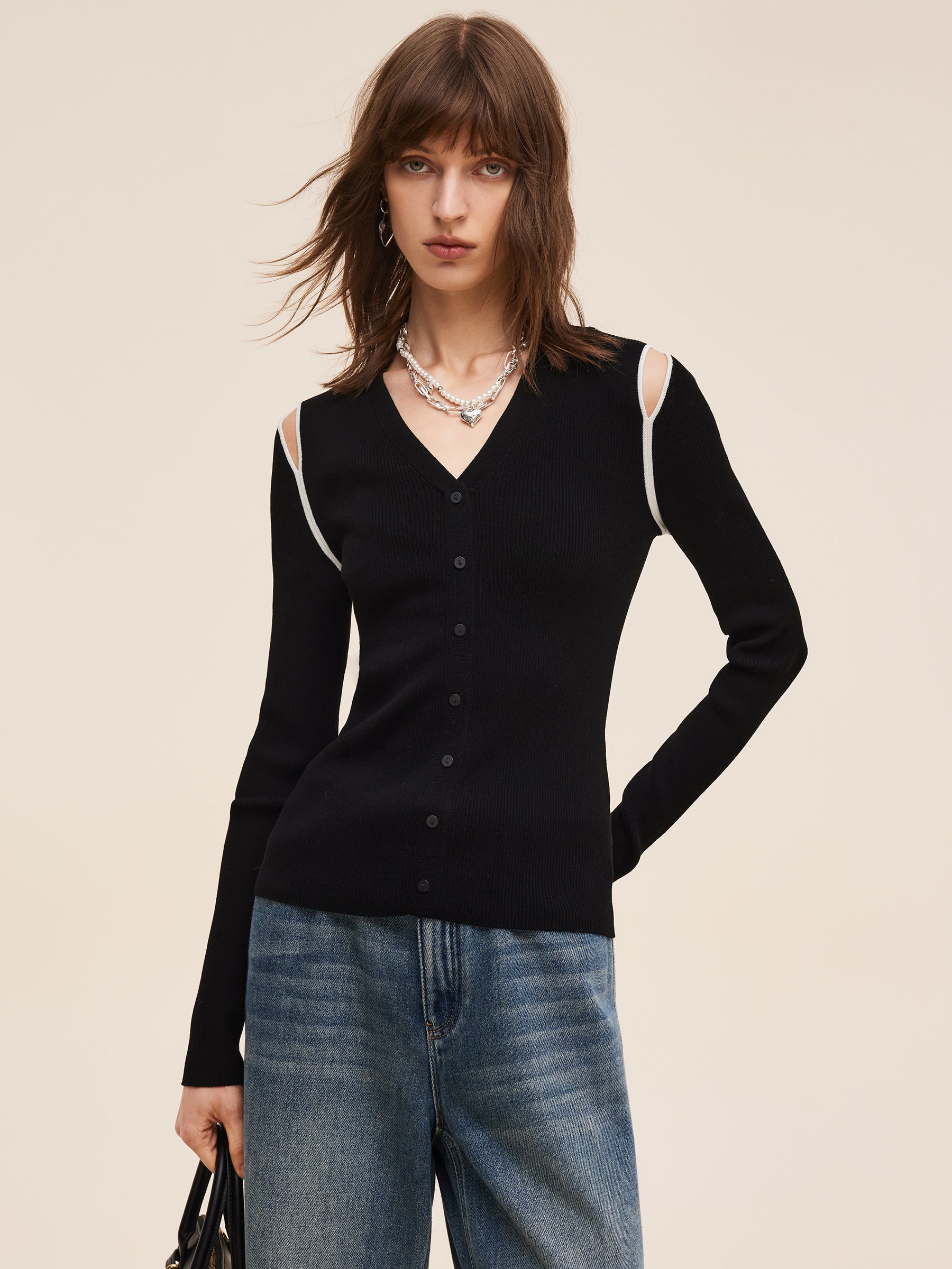 Lyocell Blend Women Cut Out Shoulder Knit Top GOELIA