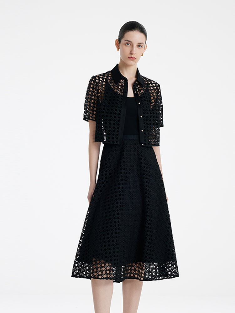 Lace Openwork Crop Jacket And Half Skirt And Knitted Camisole Three-Piece Set GOELIA