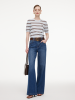 Lyocell Blend Denim Women Flared Palazzo Jeans With Belt GOELIA