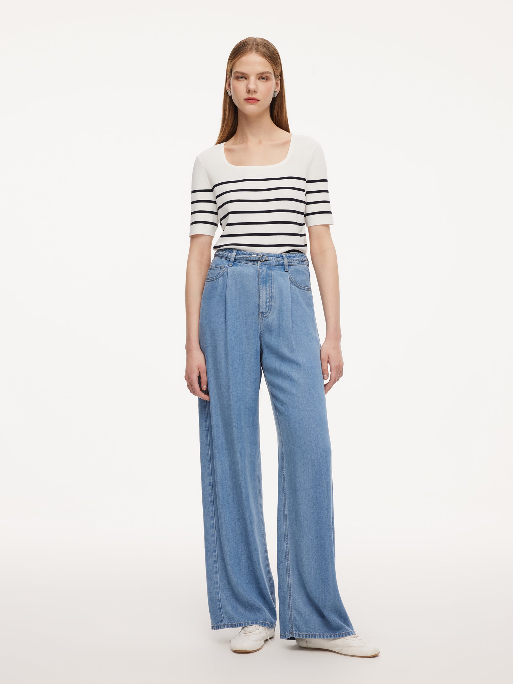 100% Lyocell Denim Women Straight Leg Jeans With Belt GOELIA