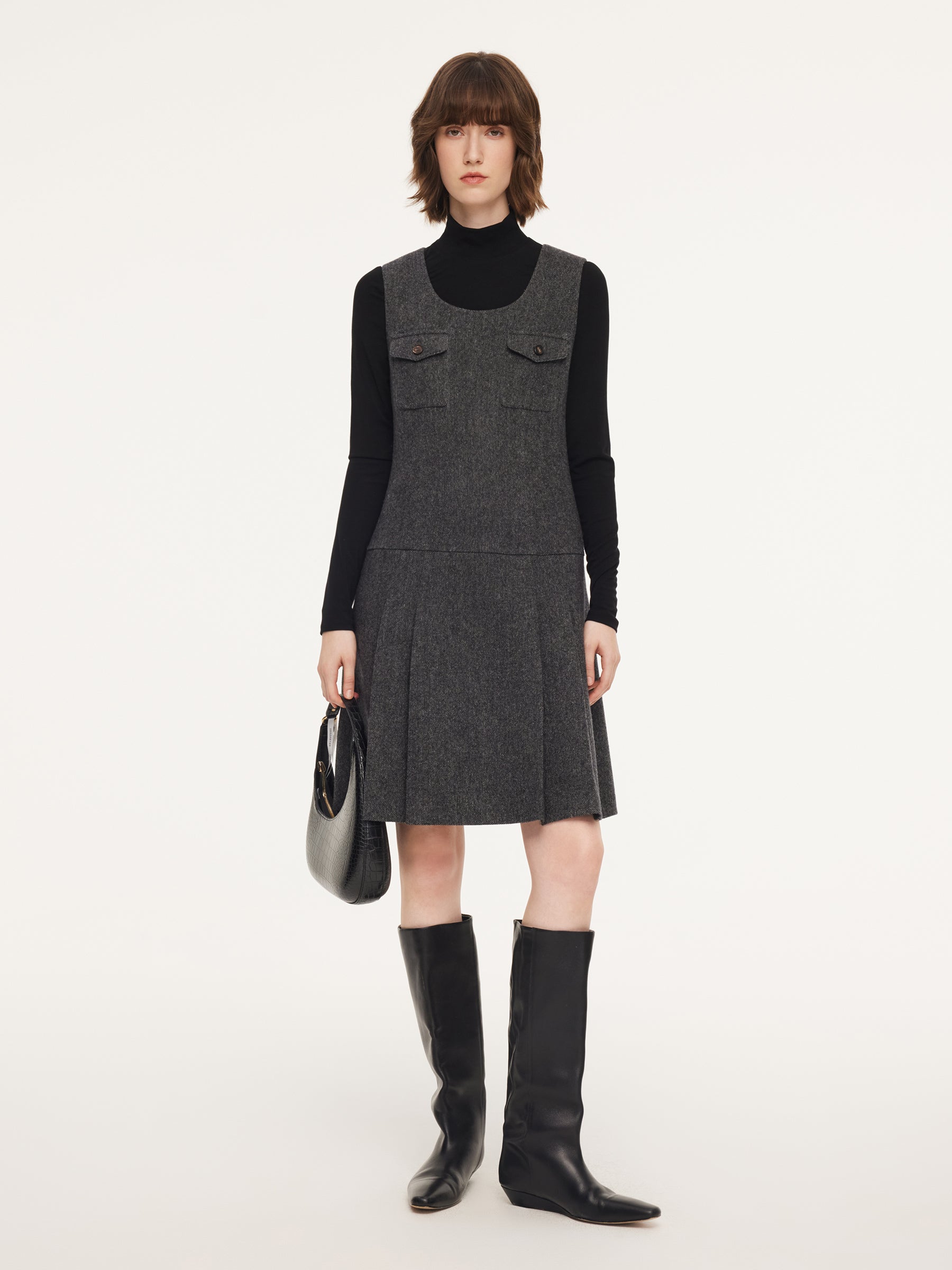 100% Washable Wool Pleated Sleeveless Dress And Knit Top Two-Piece Set GOELIA