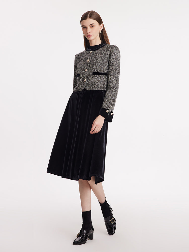 Tweed Crop Jacket And Velvet Skirt Two-Piece Set GOELIA