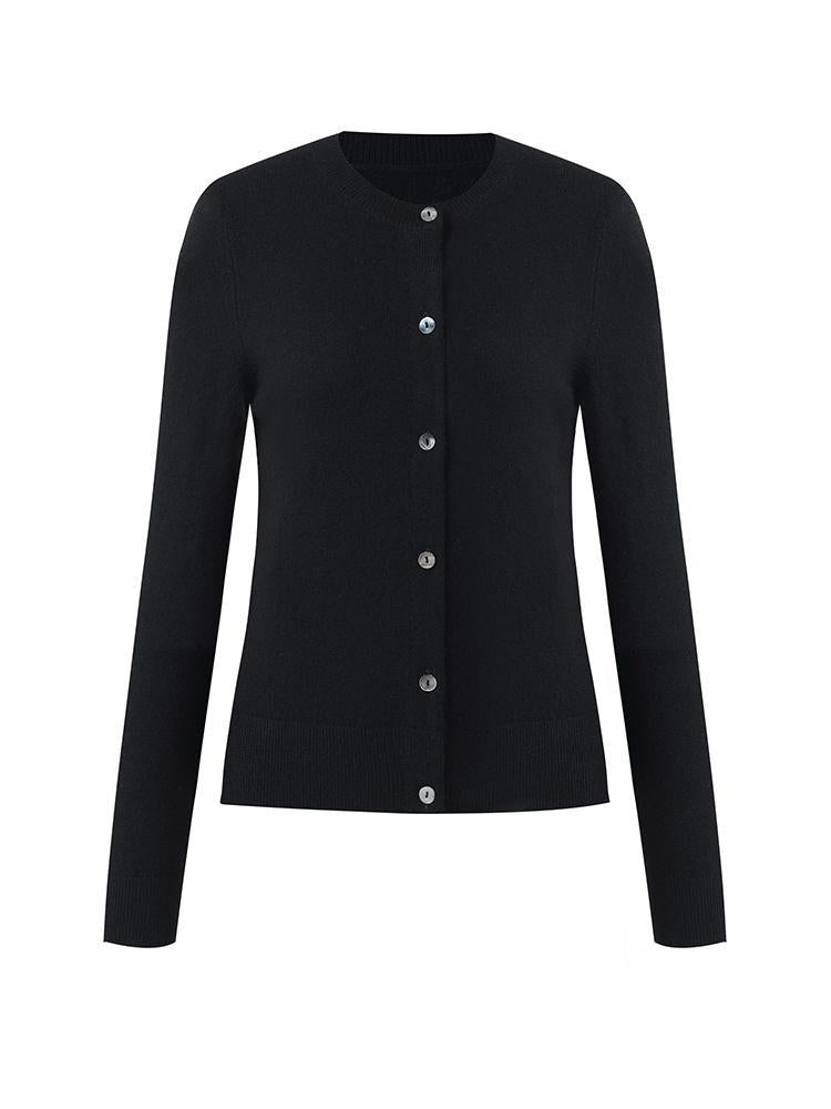 Black Pure Cashmere Round Neck Cardigan GOELIA