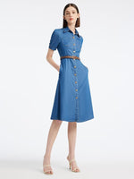 Tencel Denim Shirt Midi Collared Dress With Belt GOELIA