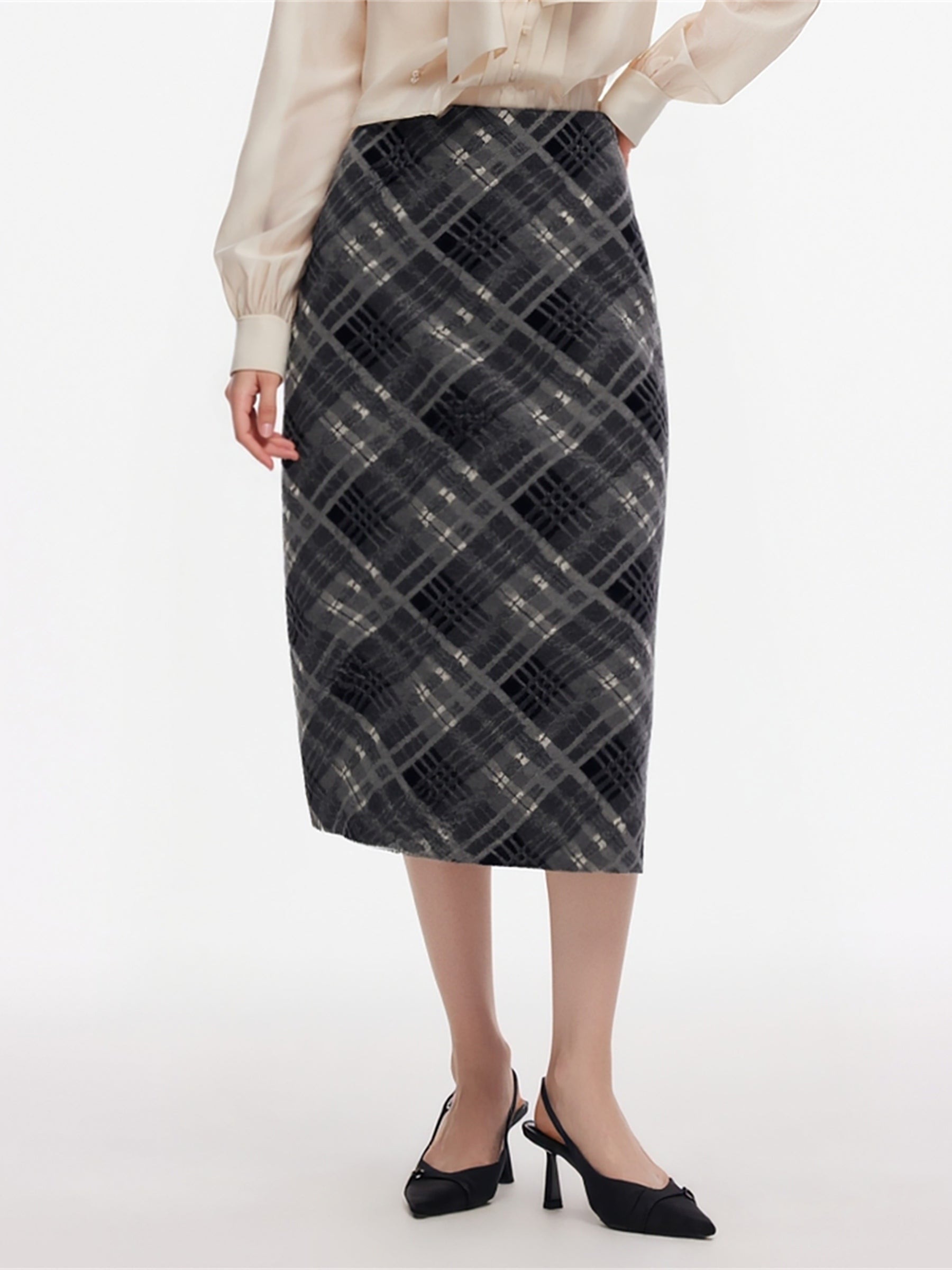 Plaid Elastic Waist Women Knit Column Skirt GOELIA
