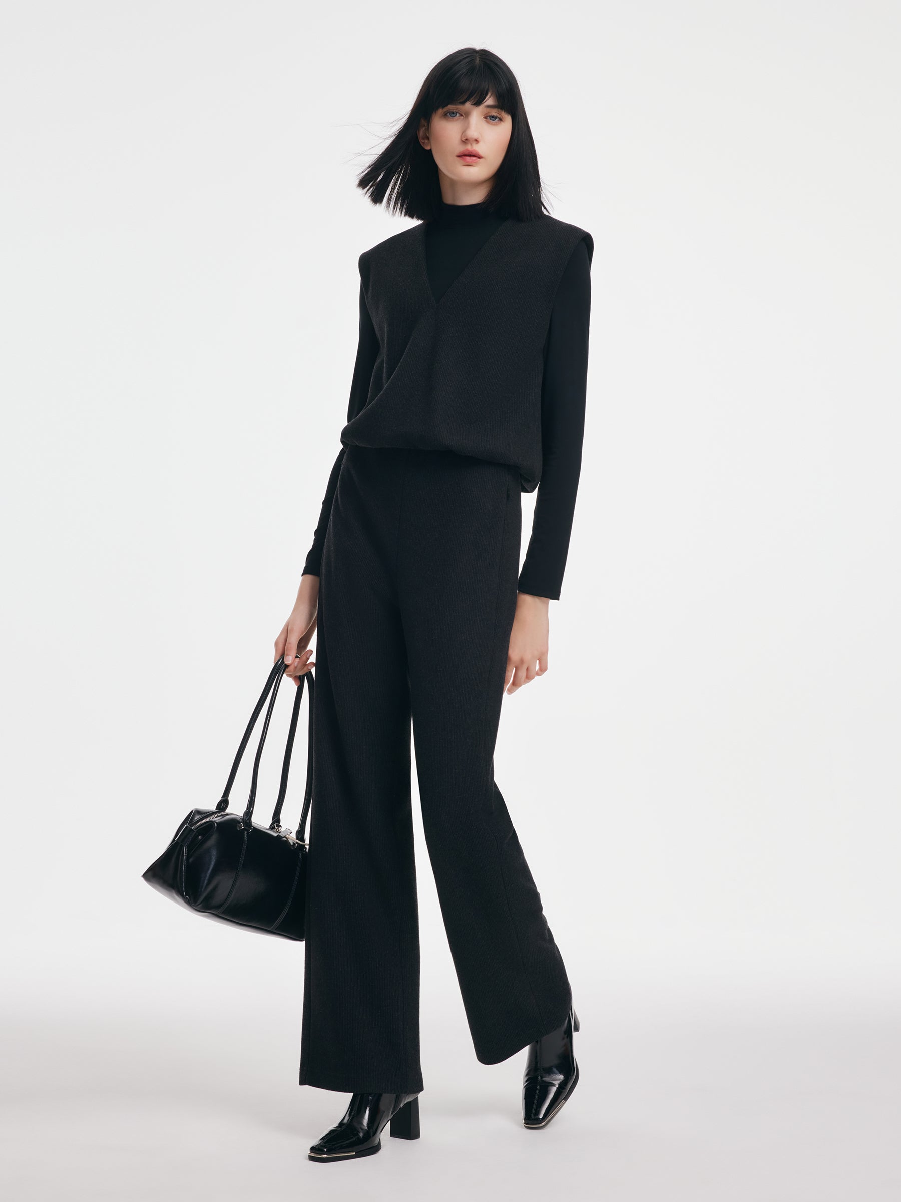 Ribbed Mock Neck Knit Top & Tank & Pants Three-Piece Set GOELIA
