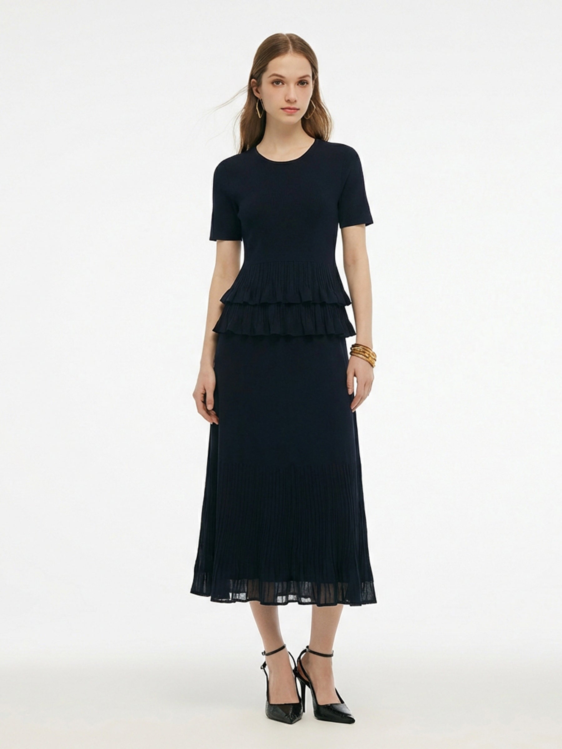 Ruffle Hem Knit Top And A-Line Skirt Two-Piece Set GOELIA