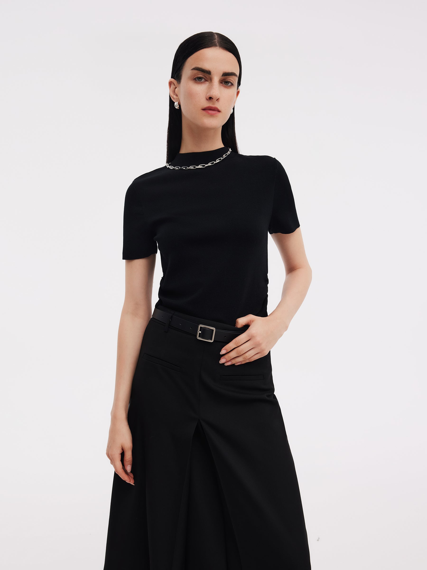 Tencel Acetate Blend Women Side Pleat Knit Top GOELIA