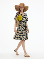 Cotton Stretch Floral Print Women Tie Belt Midi Dress GOELIA