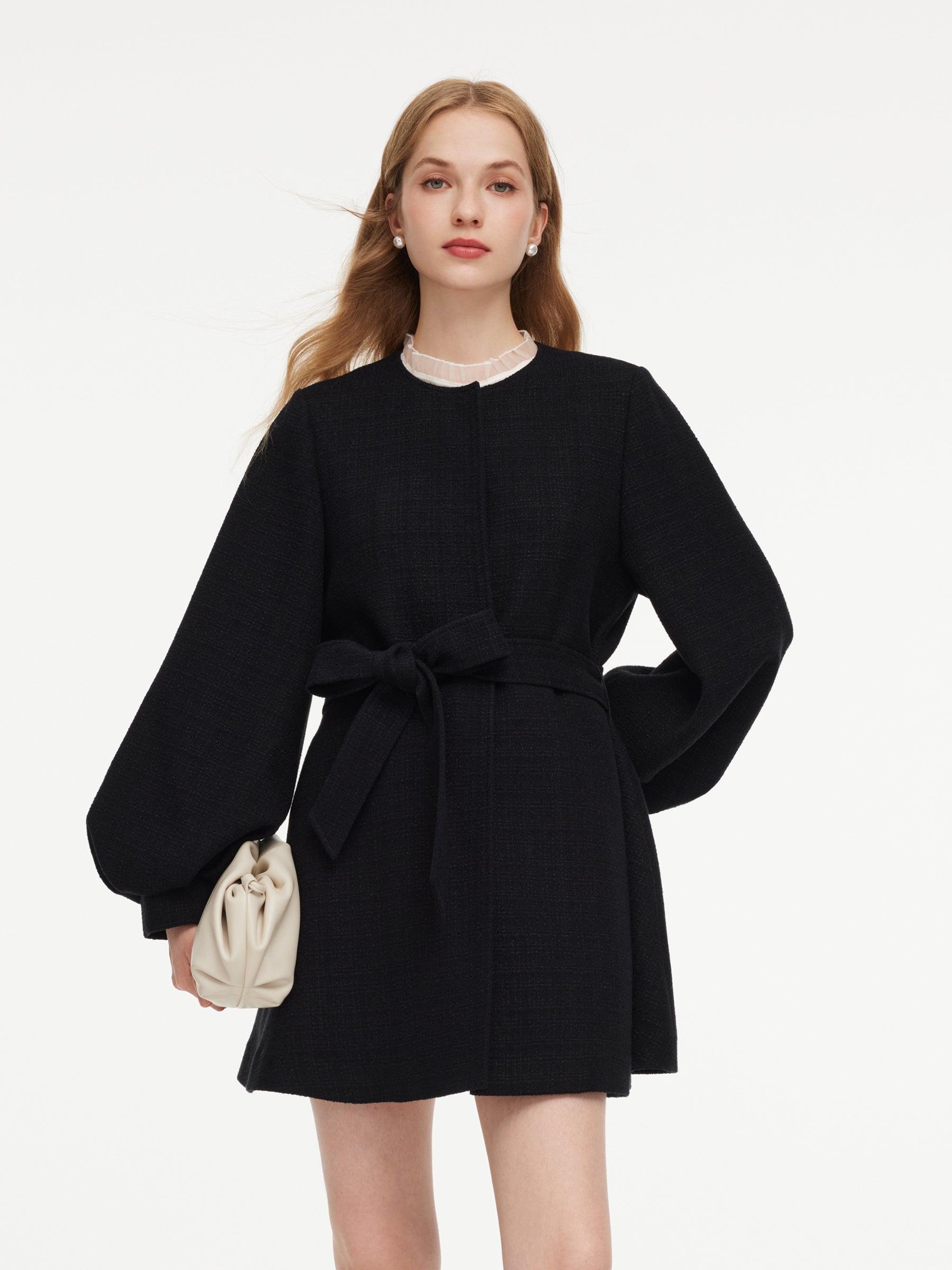Tweed Balloon Sleeves A-Line Women Wrap Coat GOELIA