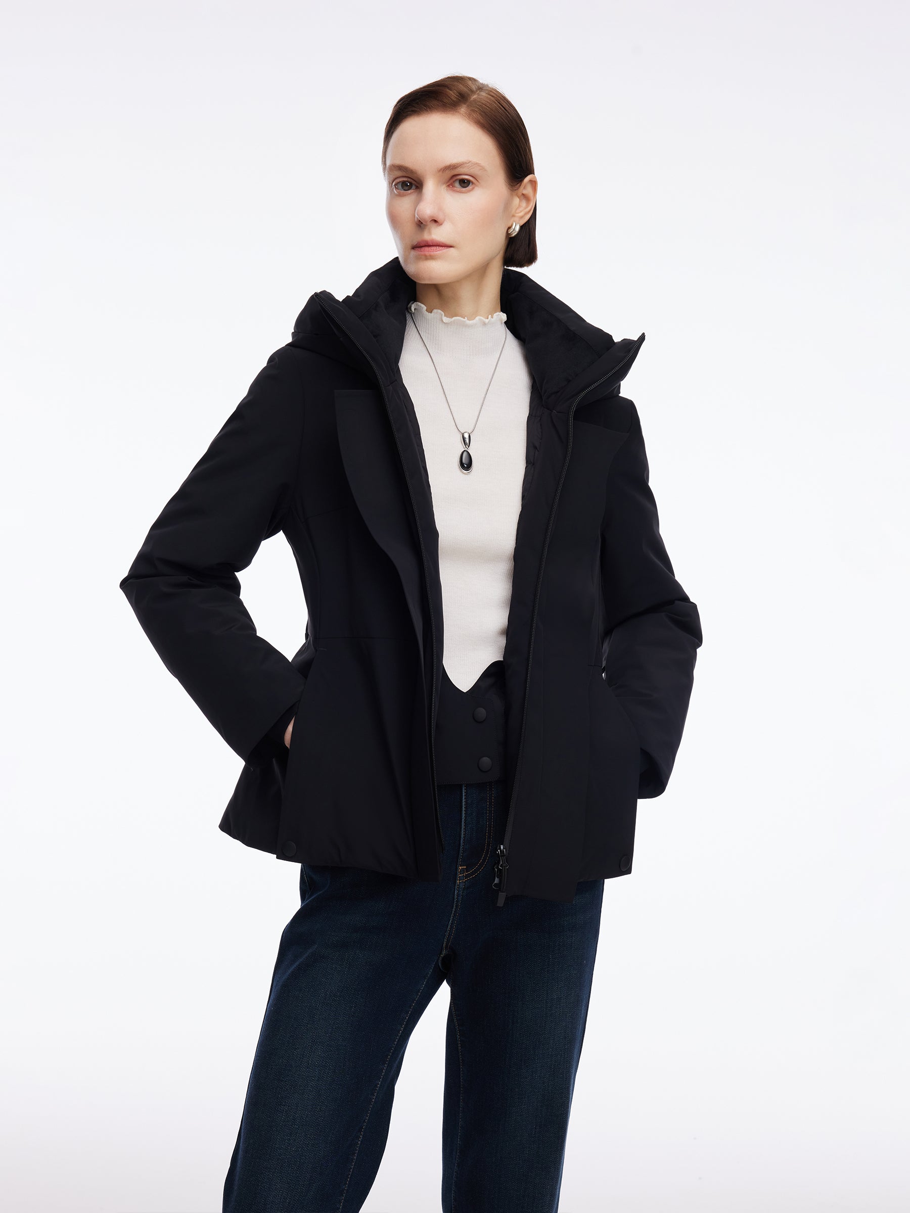 [Preview] Gathered Waist Hooded Goose Down Jacket With Belt GOELIA