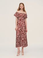 Marigold Floral Print Convertible Elastic Neck Women Maxi Dress GOELIA