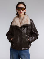 [Preview] PU Leather Goose Down Jacket With Detachable Faux Fur Collar GOELIA