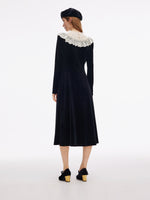 Velvet Sheer Lace Collar Women Midi Dress With Beret GOELIA