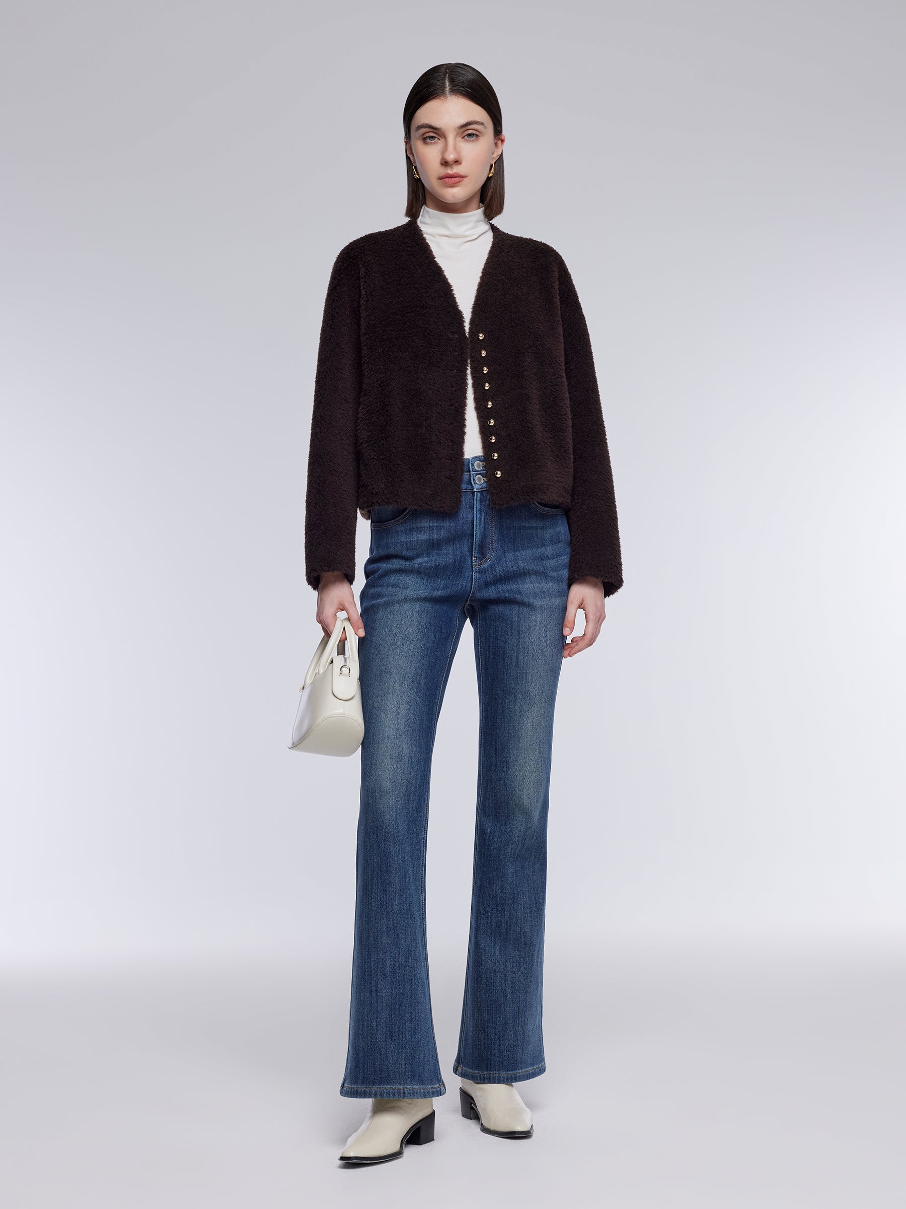 100% Shearling Wool V-Neck Women Coat GOELIA