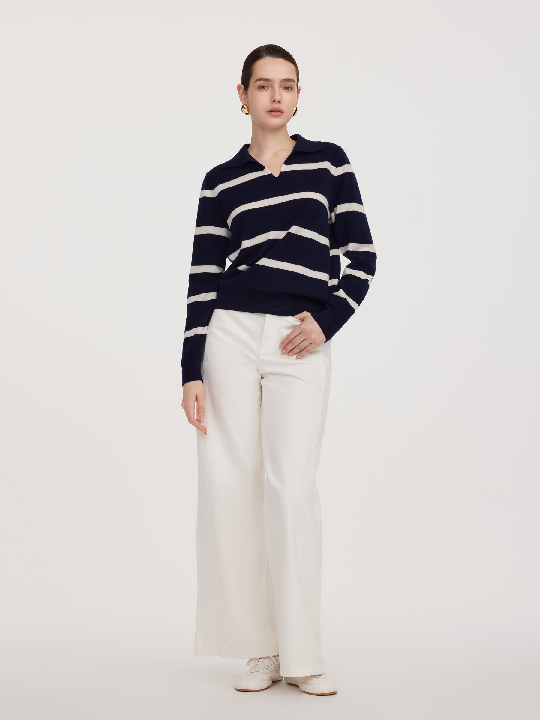 100% Wool Stripe Women Polo Sweater GOELIA