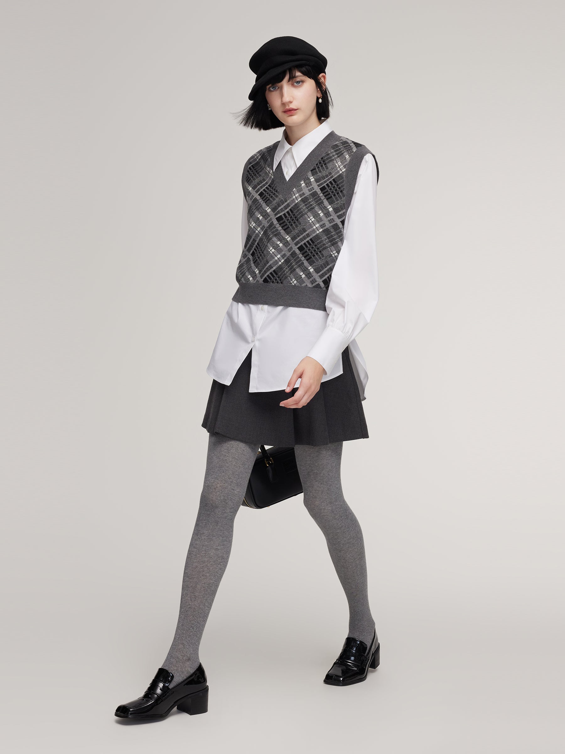 [Preview] Plaid Knit Vest And Shirt Two-Piece Set GOELIA