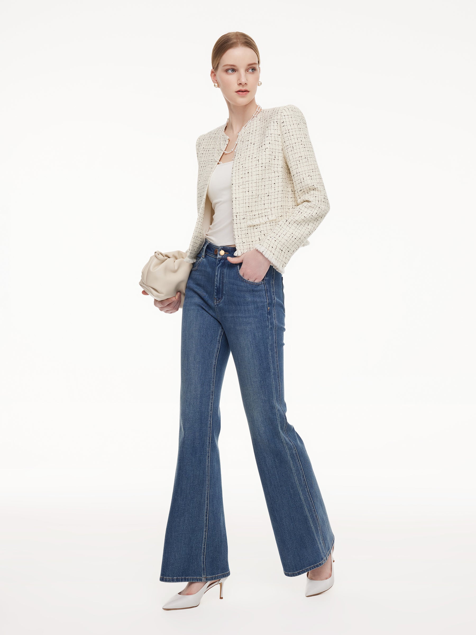 Wool Blend Tweed Frayed Hem Women Jacket GOELIA