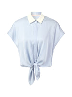 22MM Mulberry Silk Contrast Collar Tie Front Women Shirt GOELIA