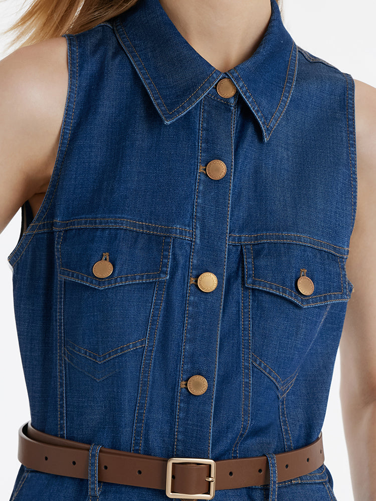 Denim Lapel Women Midi Vest Dress With Belt – GOELIA