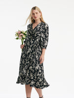 Camellia Printed V-Neck Ruffle Hem Women Midi Wrap Dress GOELIA