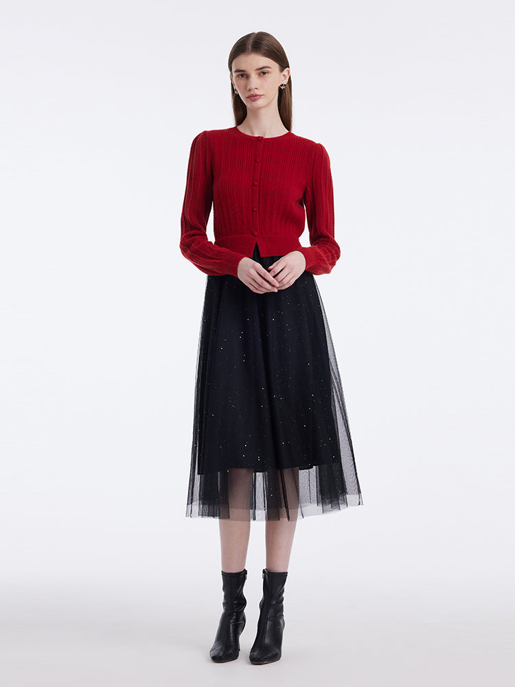 Pure Wool Patchwork Sequins Tulle Women Midi Dress GOELIA