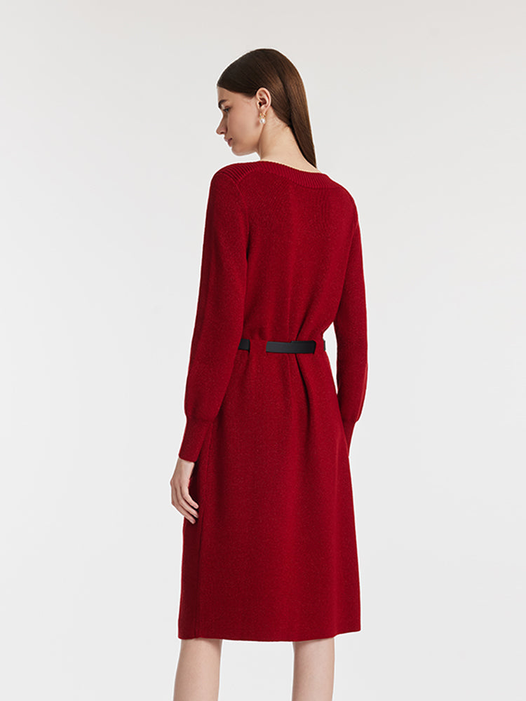 Slash Neck Knitted Women Midi Dress With Belt – GOELIA