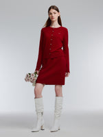 [Preview] 100% Wool Rhinestone Cardigan And Skirt Two-Piece Set GOELIA