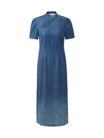 Gradient Denim Women Qipao Midi Dress GOELIA